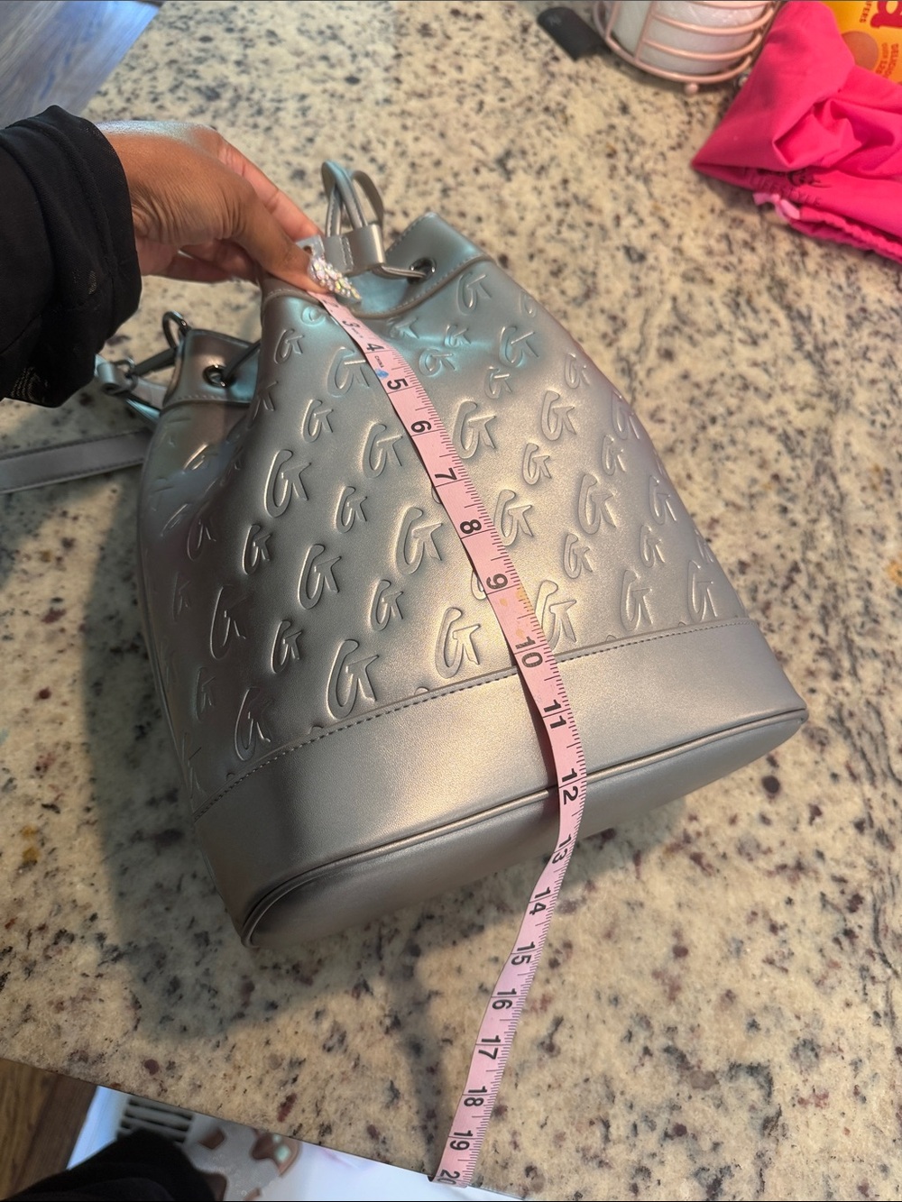 Glam-Aholic Monogram Metallic Silver Embossed Drawstring Bucket Shoulder Bag - Picture 3 of 15